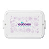 A white double tray lunchbox featuring a purple illustrated design and a logo on the front.