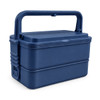 A navy double tray lunchbox with a sturdy handle and a secure lid, featuring a branding logo.