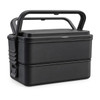 A black double tray lunchbox with a sturdy handle and secure latch, featuring a sleek design.
