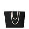 A black tote bag with white rope handles and a logo. Simple design suitable for carrying items.