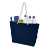 A navy blue tote bag with a rope handle, containing water bottles, a cooler, and two green pears.