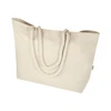 A large beige tote bag with rope handles and a simple design. Features a logo on one side.