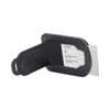 A black luggage tag with a foldable design, featuring a clear slot for personal information. Includes a logo.