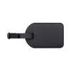A black luggage tag with a loop attachment, featuring a smooth surface and rounded edges.