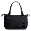 A black tote bag with two sturdy handles, featuring a sleek design and a logo.