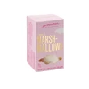 A pink box containing exquisite marshmallows, featuring fluffy white treats inside. The box has a logo and gluten-free label.