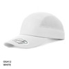 A white performance cap with a mesh panel and a logo on the front.