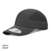 A black performance cap with a visor and a branding logo on the front. The material appears lightweight and breathable.