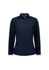 A women's long sleeve shirt in navy blue with a button-down front and a collar, featuring a logo on the label.