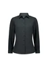 A women's long sleeve shirt in black with a button-up front and a collar. It features a logo on the fabric.