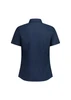 A navy blue women's short sleeve shirt featuring a collared neckline and rear detailing. It has a logo on the fabric.