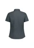 A grey women's short sleeve shirt with a collared neckline and a fitted design. Features a logo on the back.