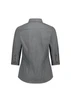A back view of a women's 3/4 sleeve shirt featuring a striped pattern in grey and white, with a collar and buttoned cuffs.