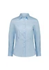 A women's long sleeve shirt in light blue, featuring a collared neckline and button placket, with a logo present.