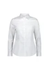 A white long sleeve shirt with a collared neckline and button-up front, featuring a logo on it.
