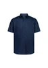 A short sleeve shirt in navy blue with a classic fit and button-up front. It features a simple design and a collar.