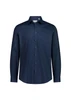 A navy blue slim fit long sleeve shirt with a button-up front and a collar, featuring a logo.