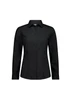 A black long sleeve women's shirt with a collared neck and button-up front, featuring a logo.