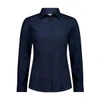 A women's long sleeve shirt in navy blue, featuring a collared neck and button-down front. It has a logo.