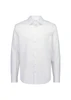 A white men's slim fit long sleeve shirt with a collar and button-down front, featuring a logo.