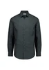 A slim fit long sleeve shirt in dark grey with a collar and button-up front, featuring a logo on the chest.