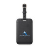 A black luggage tag tracker with a strap and a prominent logo.