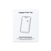 A luggage tag tracker depicted in a simple outline, featuring a logo and an instruction manual on a white background.