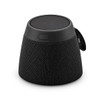 A black, cone-shaped portable speaker featuring a textured mesh exterior and a top button.