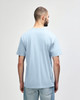 A person wearing a blue Gildan Softstyle adult midweight T-shirt, viewed from the back. The shirt has a logo.