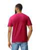 A man wearing a maroon Gildan Softstyle adult t-shirt, viewed from the back, features a logo on the shirt.