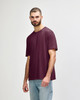 A maroon adult T-shirt displayed on a model, featuring a relaxed fit and short sleeves. Logo present.