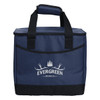 A navy blue cooler bag featuring black handles and a logo on the front, designed for storing up to 36 cans.