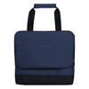 A navy blue cooler bag with a flap closure and a sturdy handle. It features a black base and has a logo.