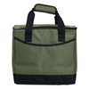 A green cooler bag with a black bottom and sturdy handles, featuring a front pocket and a logo.