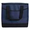 A dark blue cooler bag with black accents and carrying handles, designed to hold 36 cans.