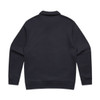 A navy blue collared crew jumper with a solid back design and ribbed cuffs. Features a branding logo.