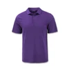 A purple men's polo shirt with a collar and three buttons, featuring a logo on the chest.