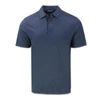 A navy blue polo shirt with a three-button placket and short sleeves. It features a logo on the chest.