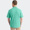 A mint green men's polo shirt with a collar, featuring a logo on the back.