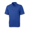 A blue polo shirt with a collar and three buttons, featuring a logo on the chest.