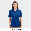 A blue women's polo shirt with a collar, featuring a logo and available in multiple colours.