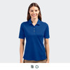 A blue women's polo shirt with a collar, short sleeves, and a buttoned placket. The shirt features a logo.