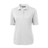 A light grey women's polo shirt with a collar and short sleeves, featuring buttons and a logo.