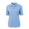 A light blue women's polo shirt with a collared neckline and short sleeves, featuring a logo.