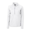 A white women's half-zip pullover with long sleeves, featuring a zipper and a small logo on the side.
