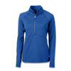 A blue women's half zip top with long sleeves, featuring a stand-up collar and a front zippered opening.