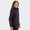 A women's half zip jacket in navy, featuring a high collar and long sleeves, worn by a smiling model.
