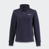 A navy half zip jacket for women featuring a high collar and long sleeves, with a logo on the front.