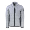 A grey quilted men's jacket featuring a zip front closure and multiple pockets. It has a logo on the sleeve.