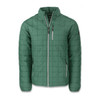 A green quilted men's jacket with a zip front and two side pockets, featuring branding.